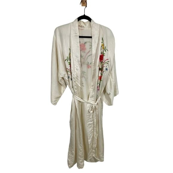 Vtg Golden Bee  Silk Embroidered Kimono Robe Tree Bird Duster White Lined - Picture 1 of 6